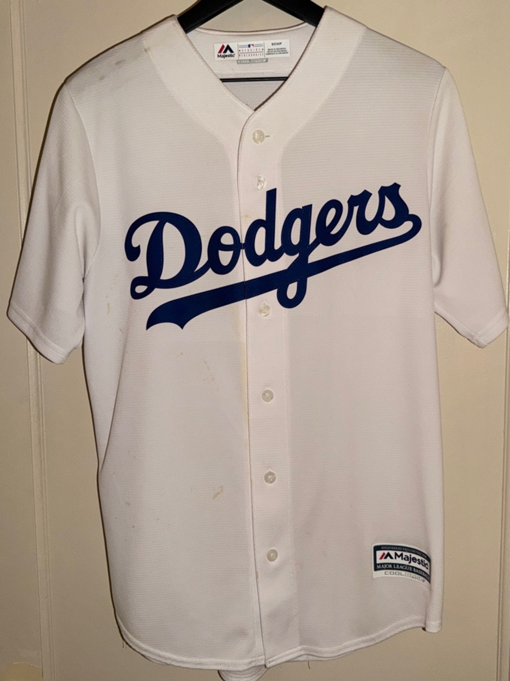 Majestic Dodgers White & Blue Button-Up Jersey with Blue Script Size S/M